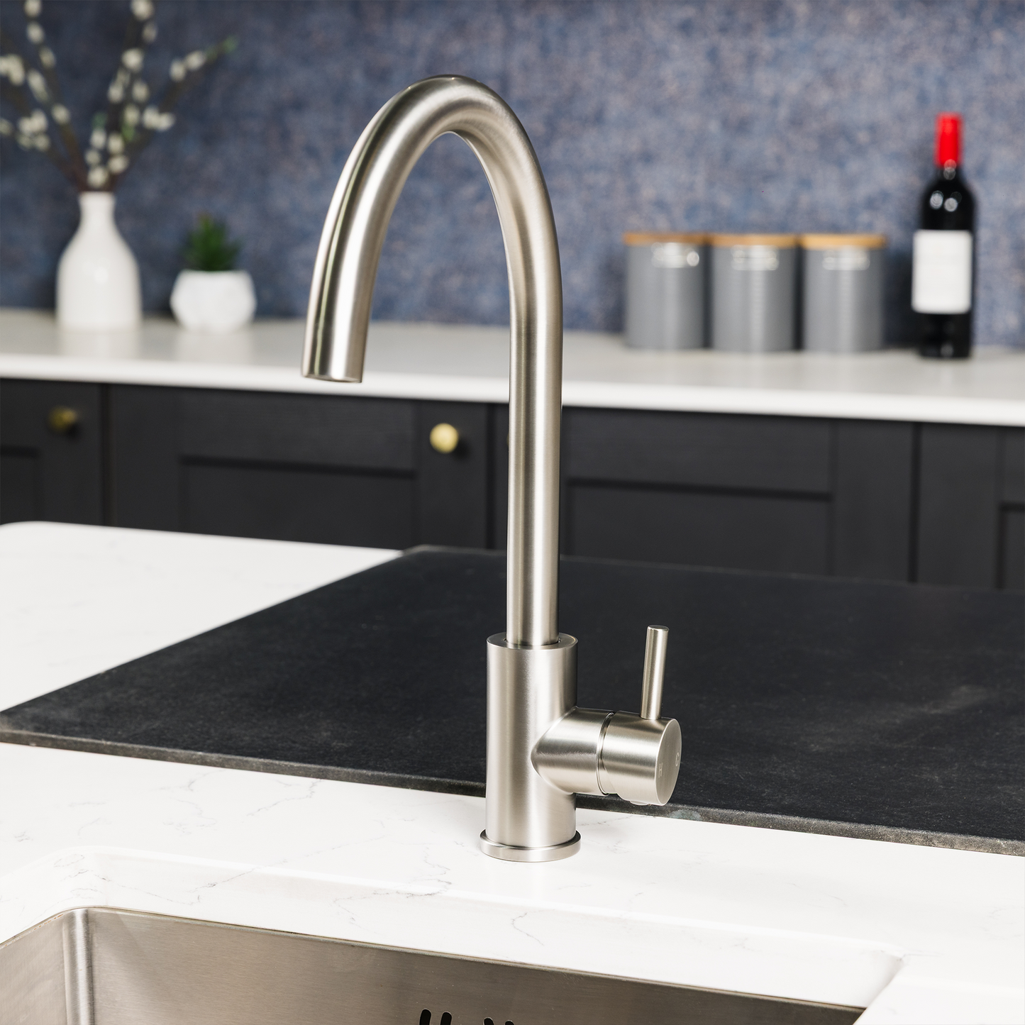 Top-Fix Vito Swan Neck Fast Fitting Kitchen Mixer Tap - Brushed Steel