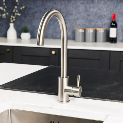 Top-Fix Vito Swan Neck Fast Fitting Kitchen Mixer Tap - Brushed Steel