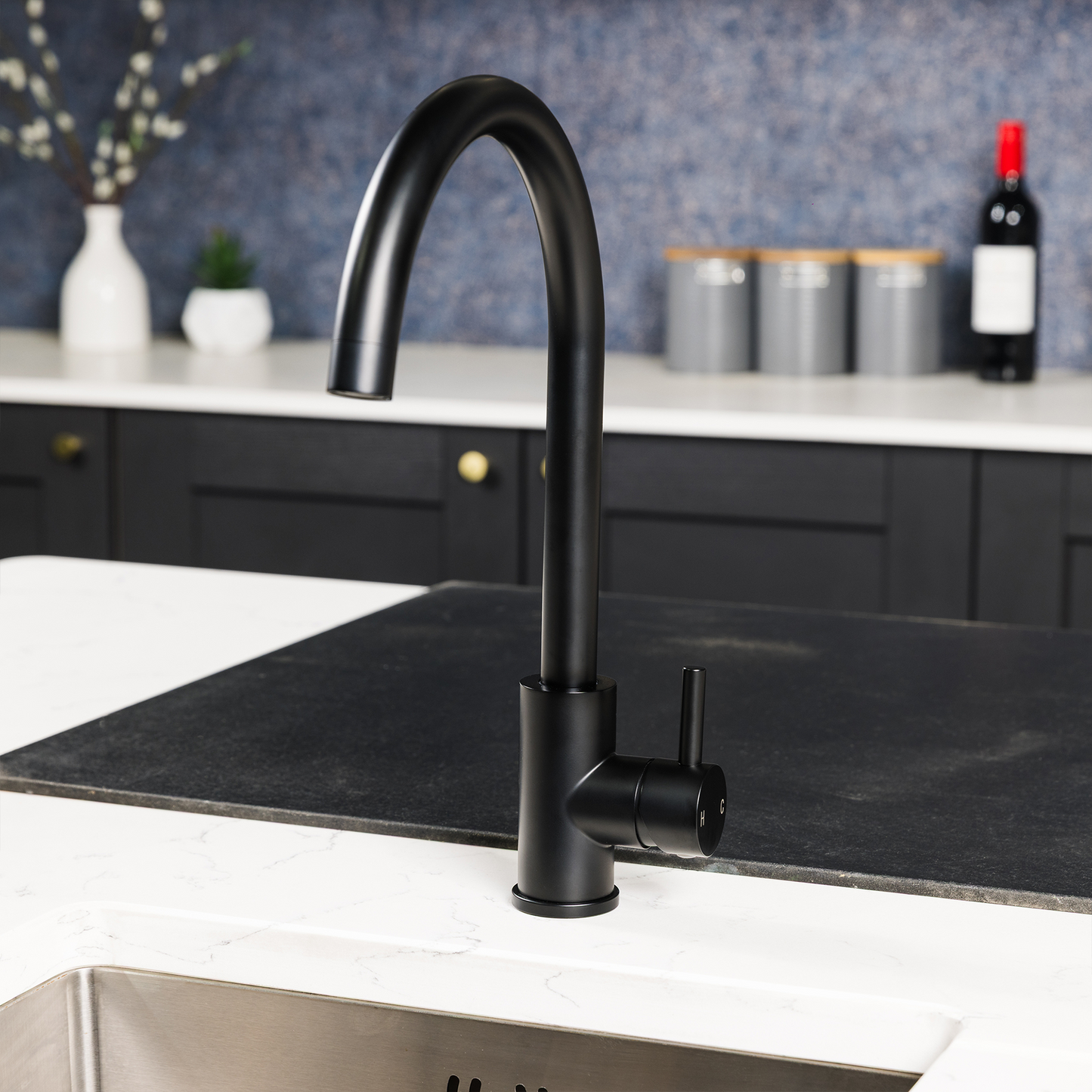 Top-Fix Vito Swan Neck Fast Fitting Kitchen Mixer Tap - Matt Black