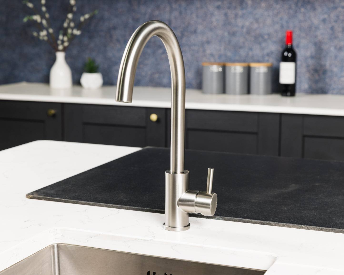 Top-Fix Vito Swan Neck Fast Fitting Kitchen Mixer Tap - Brushed Steel