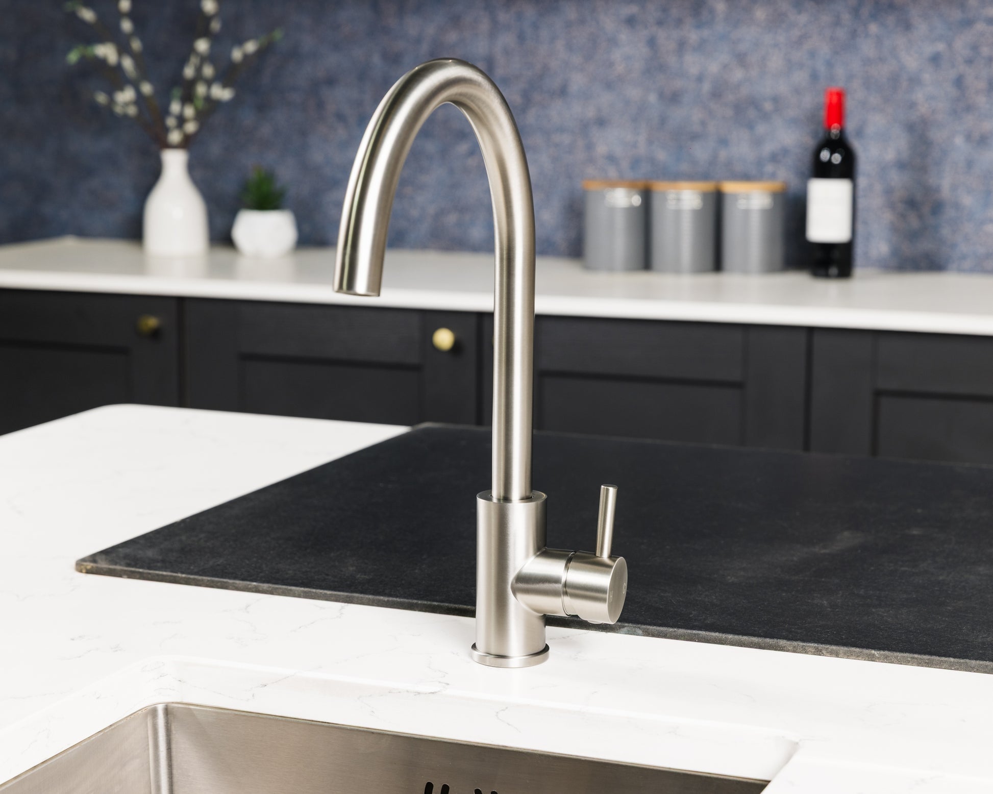 Top-Fix Vito Swan Neck Fast Fitting Kitchen Mixer Tap - Brushed Steel