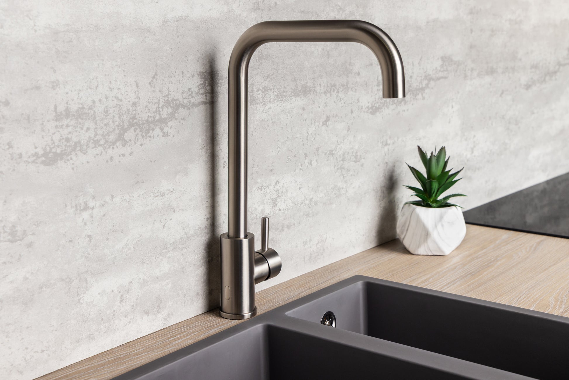 Top-Fix Vito Square Neck Fast Fitting Kitchen Mixer Tap - Brushed Steel
