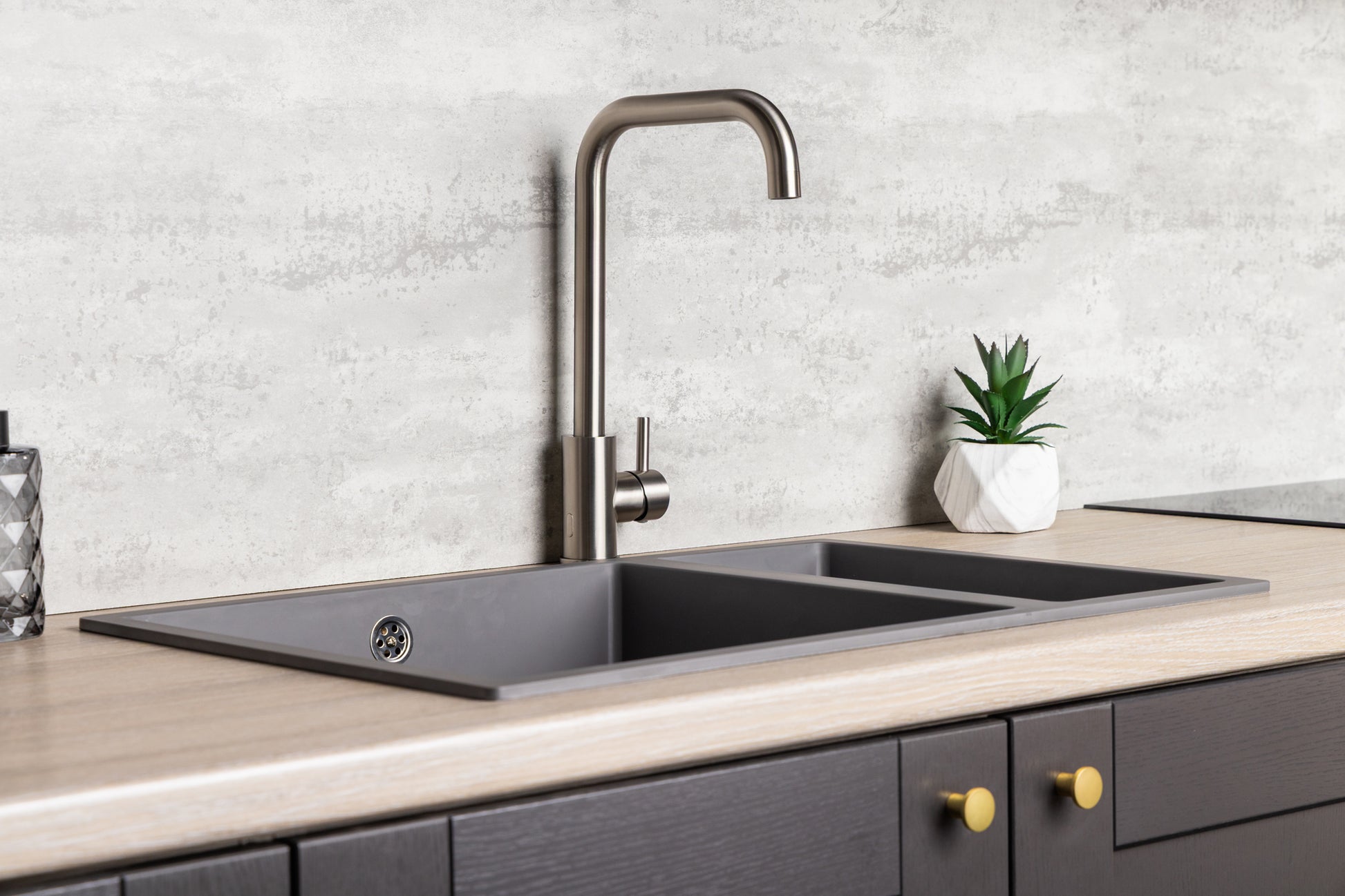 Top-Fix Vito Square Neck Fast Fitting Kitchen Mixer Tap - Brushed Steel