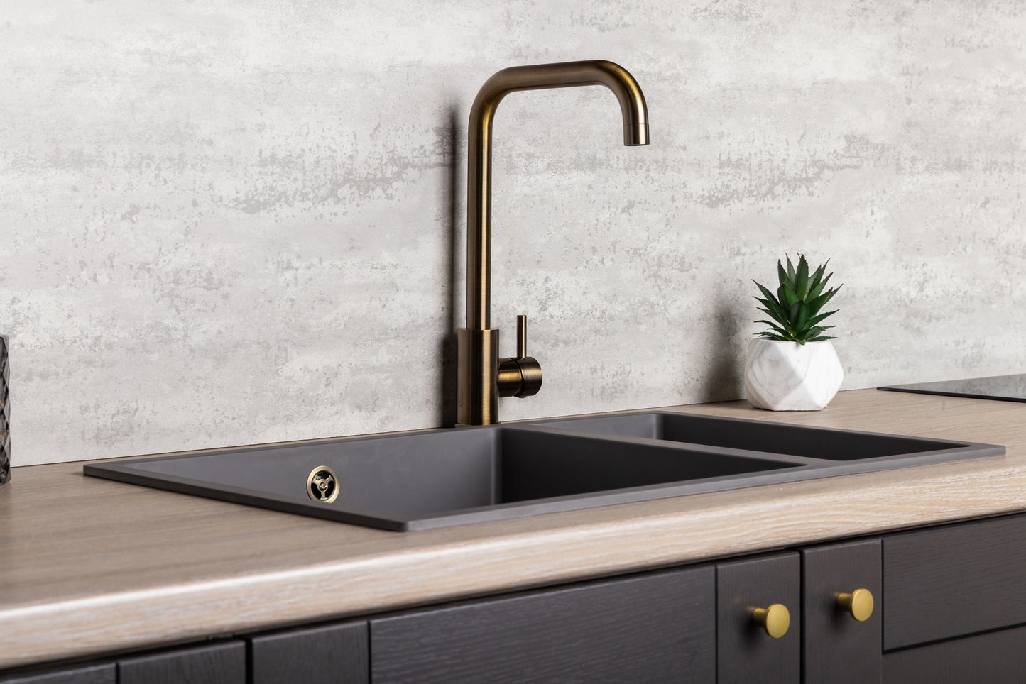 Top-Fix Vito Square Neck Fast Fitting Kitchen Mixer Tap - Antique Brass