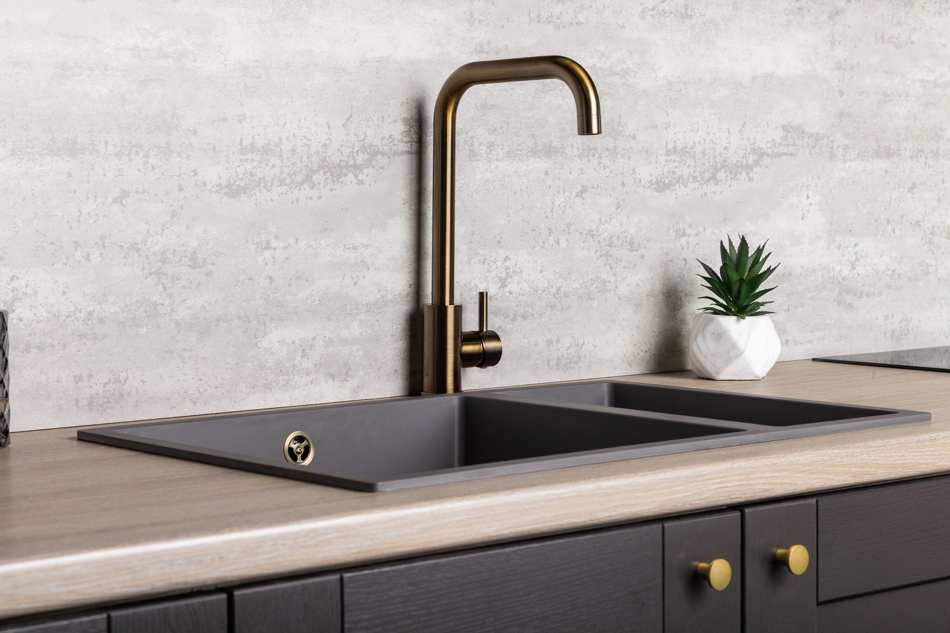 Top-Fix Vito Square Neck Fast Fitting Kitchen Mixer Tap - Antique Brass