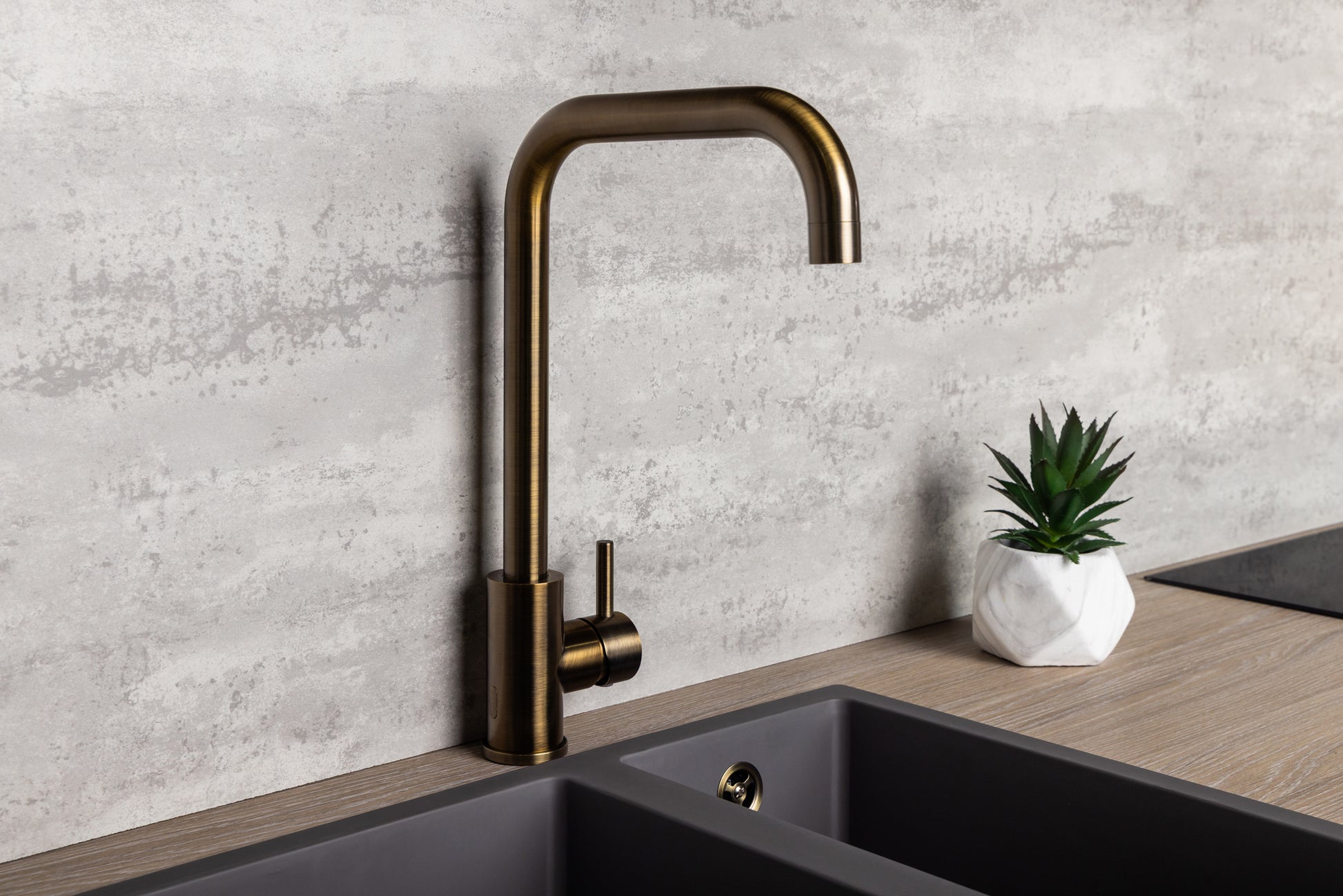 Top-Fix Vito Square Neck Fast Fitting Kitchen Mixer Tap - Antique Brass