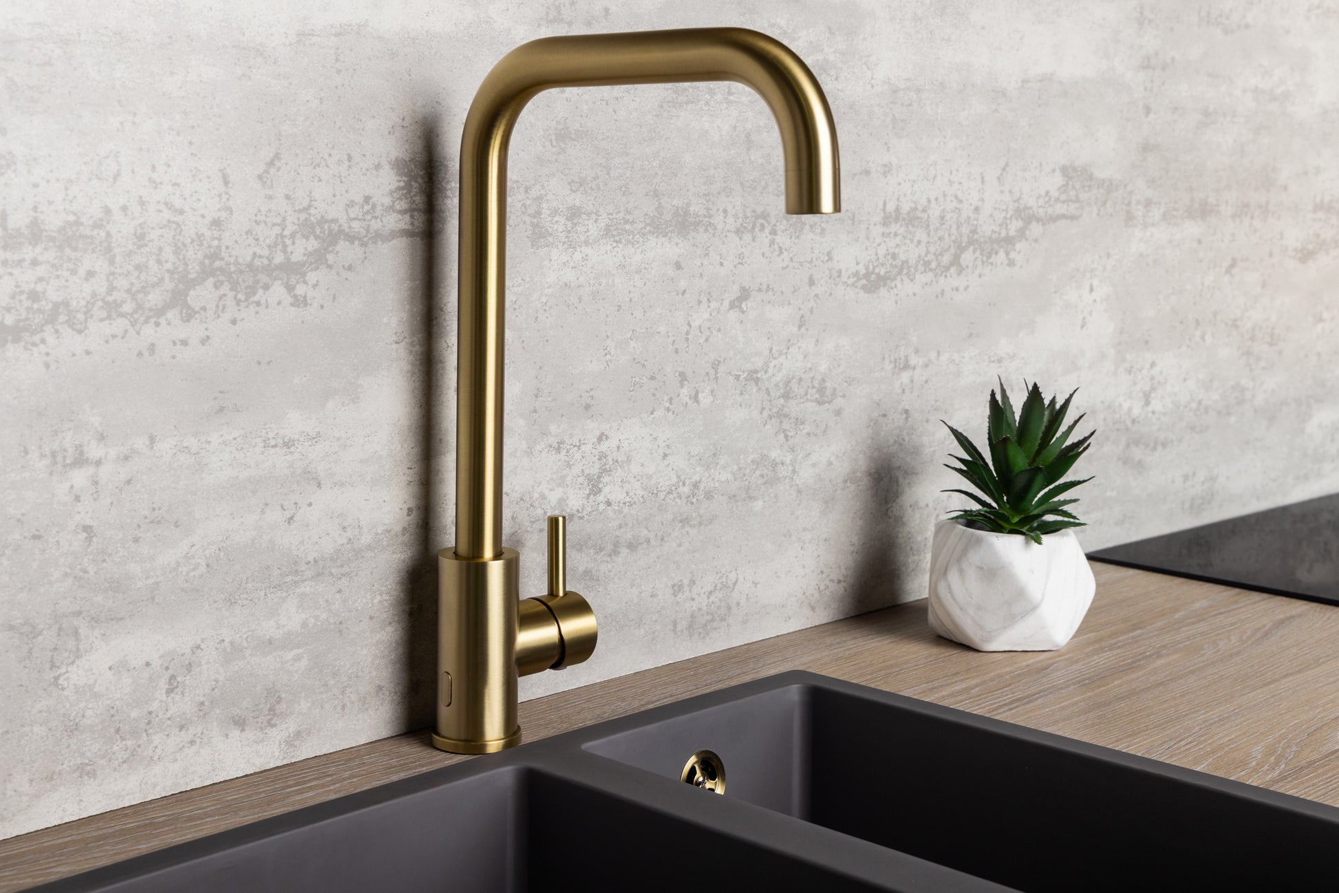 Top-Fix Vito Square Neck Fast Fitting Kitchen Mixer Tap - Brushed Brass