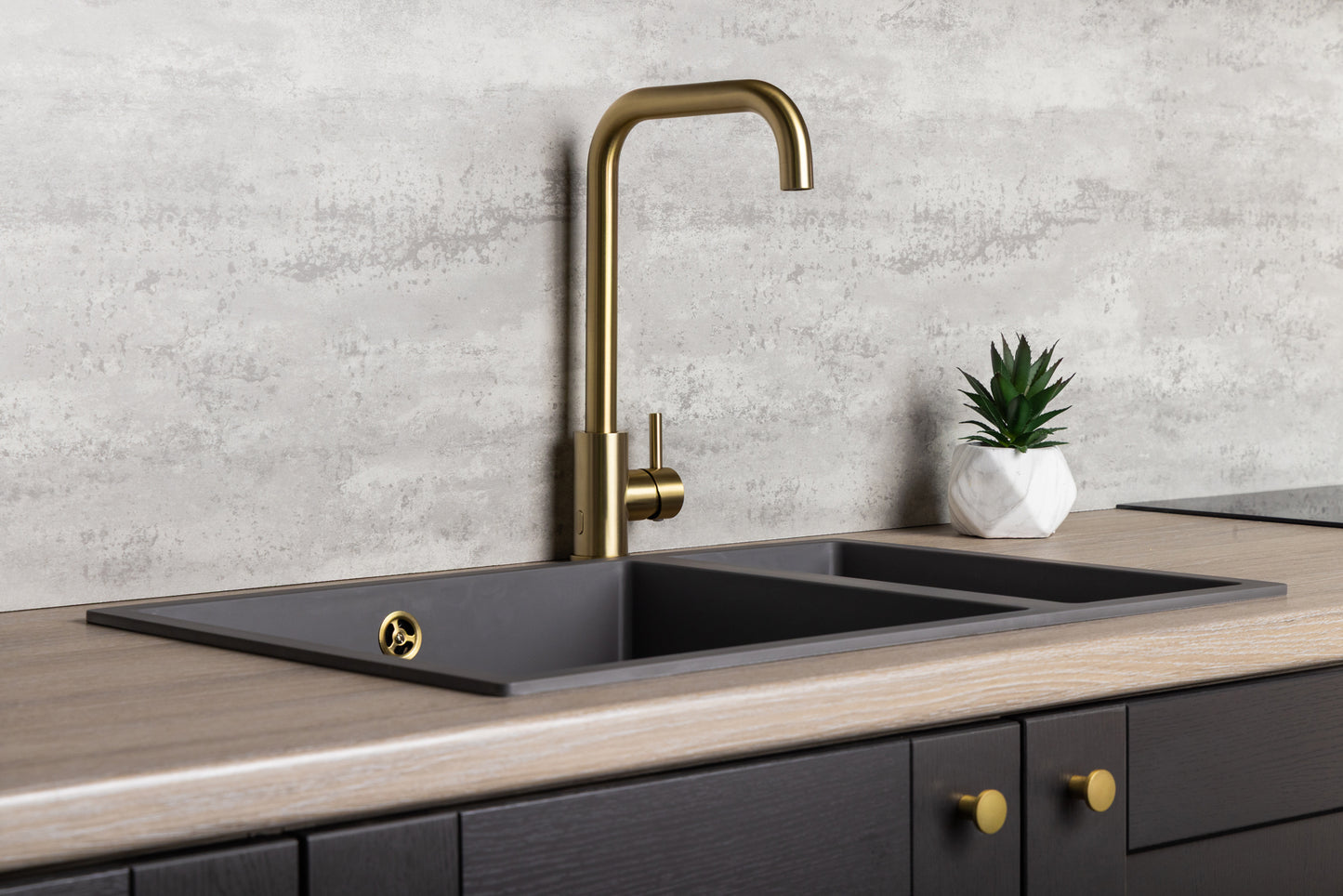 Top-Fix Vito Square Neck Fast Fitting Kitchen Mixer Tap - Brushed Brass