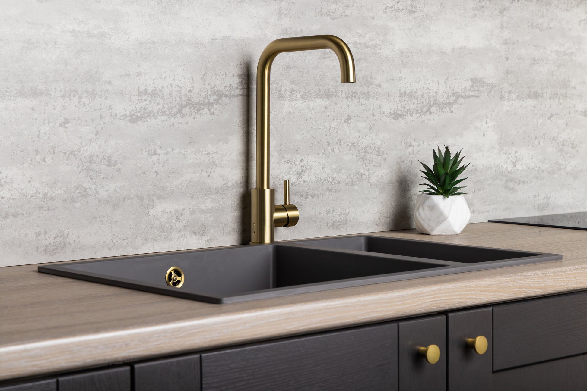 Top-Fix Vito Square Neck Fast Fitting Kitchen Mixer Tap - Brushed Brass